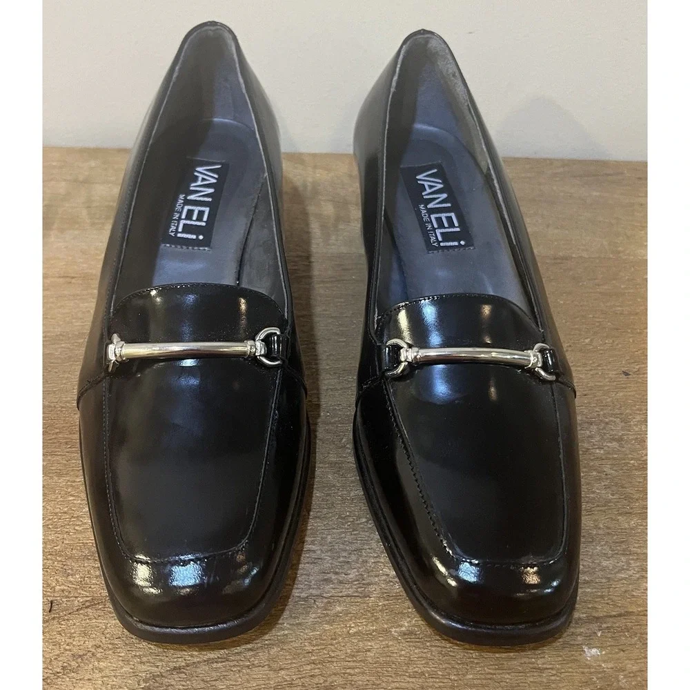 VTG Vaneli Made in Italy Black Patent Horsebit Square Toe Pumps Loafers 7M Y2K